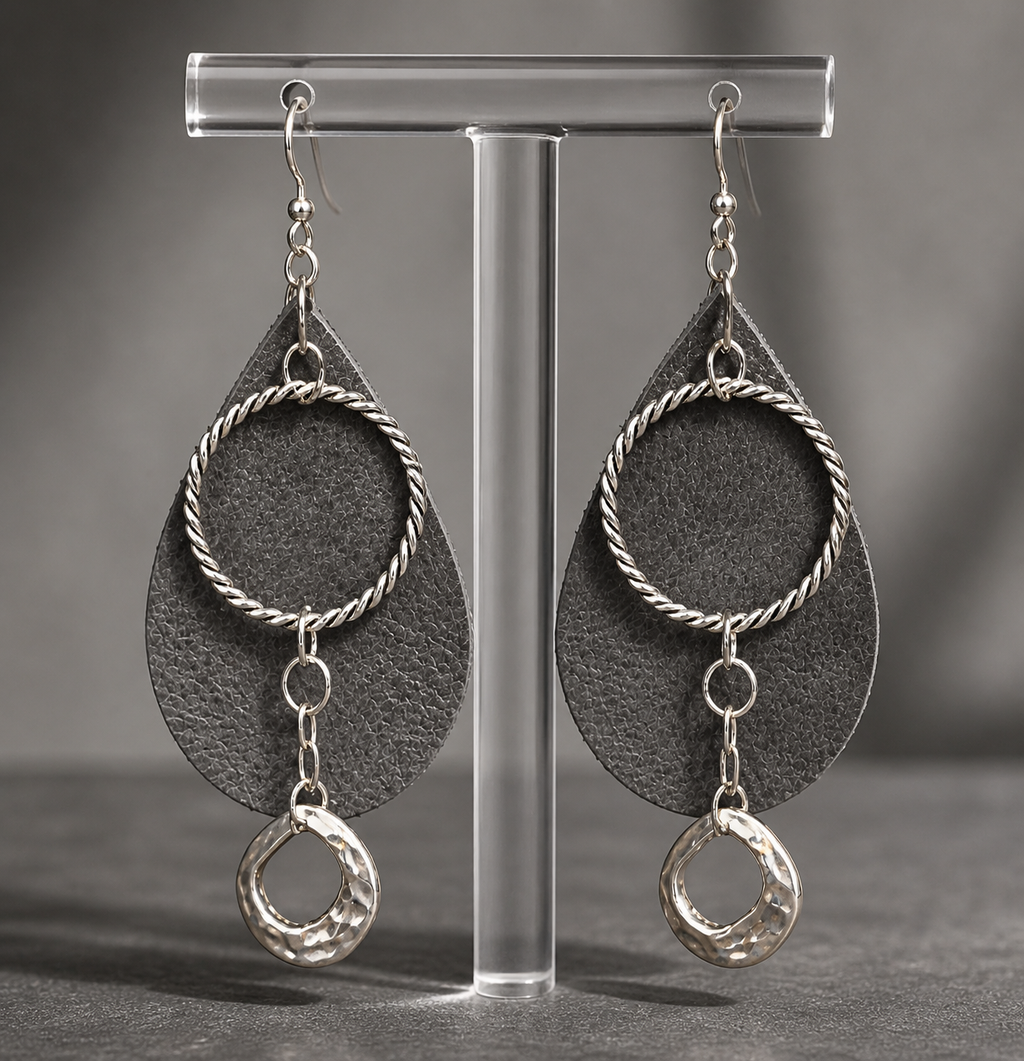Grey Genuine Leather Teardrop Earrings with Silver Hoop | Modern Western Dangle Earrings