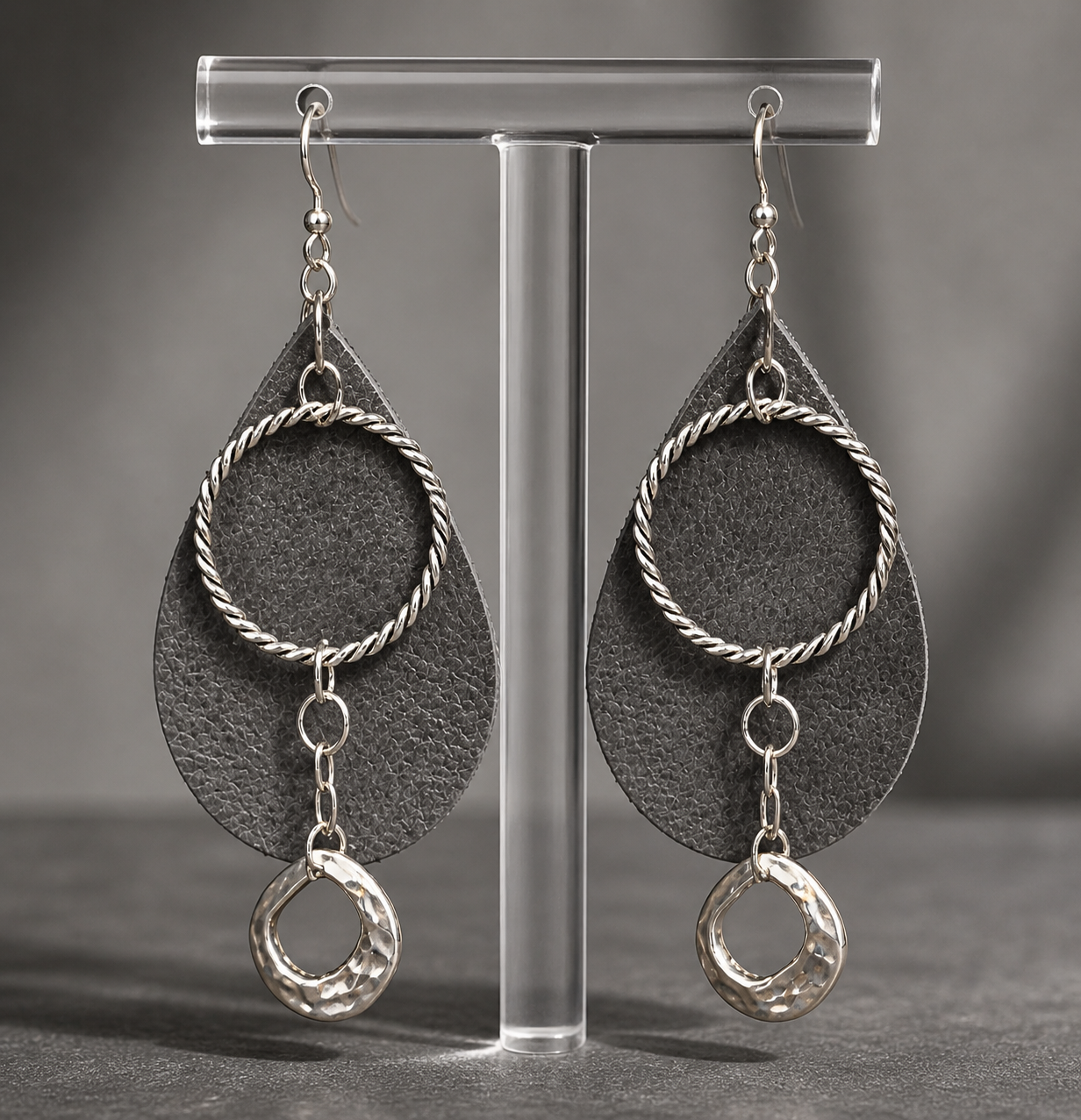 Grey Genuine Leather Teardrop Earrings with Silver Hoop | Modern Western Dangle Earrings