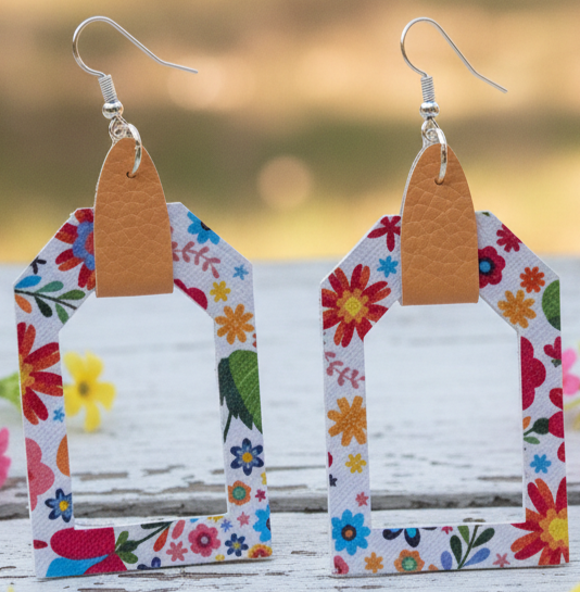 Floral Open Frame Faux Leather Dangle Earrings