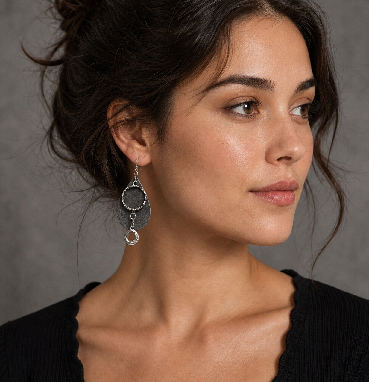 Grey Genuine Leather Teardrop Earrings with Silver Hoop | Modern Western Dangle Earrings