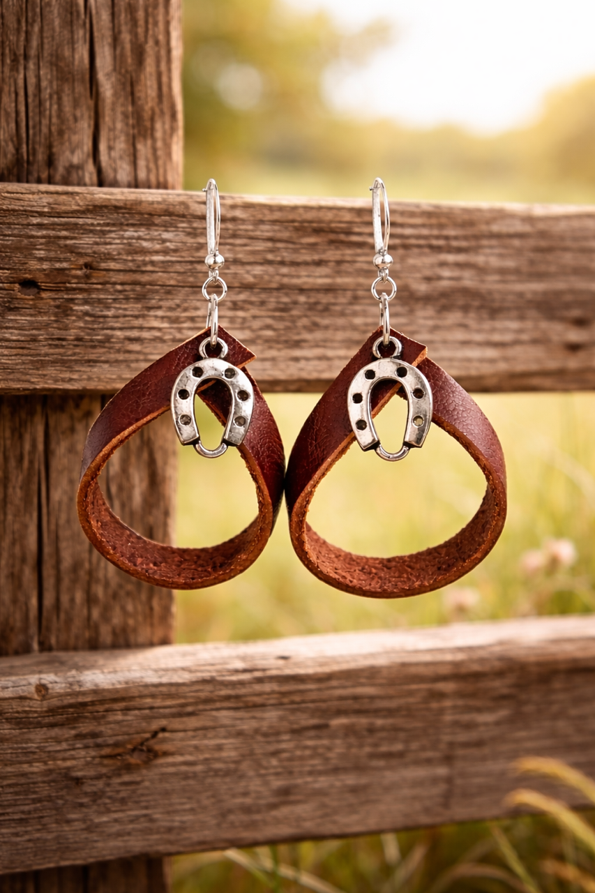 Brown Genuine Leather Horseshoe Charm Earrings