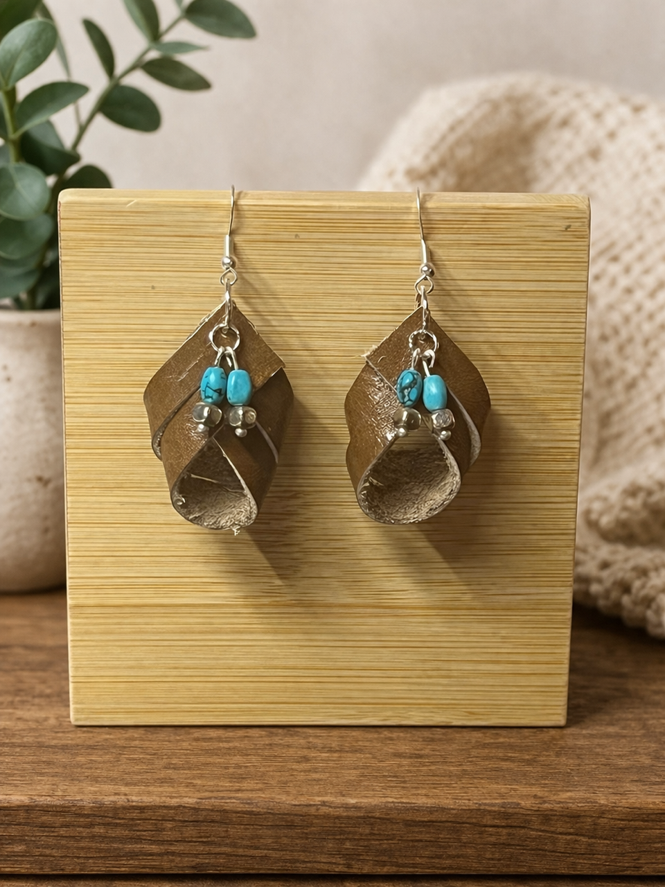 Brown Genuine Leather Wrap Earrings with Turquoise-Tone & Silver Beads