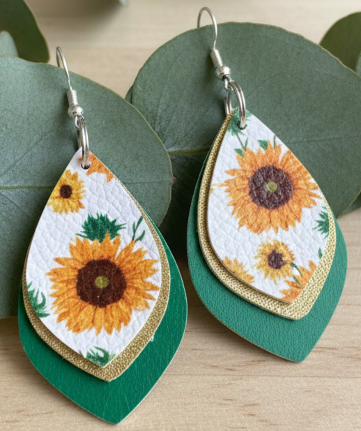 Golden Hour — Sunflower Faux Leather Earrings