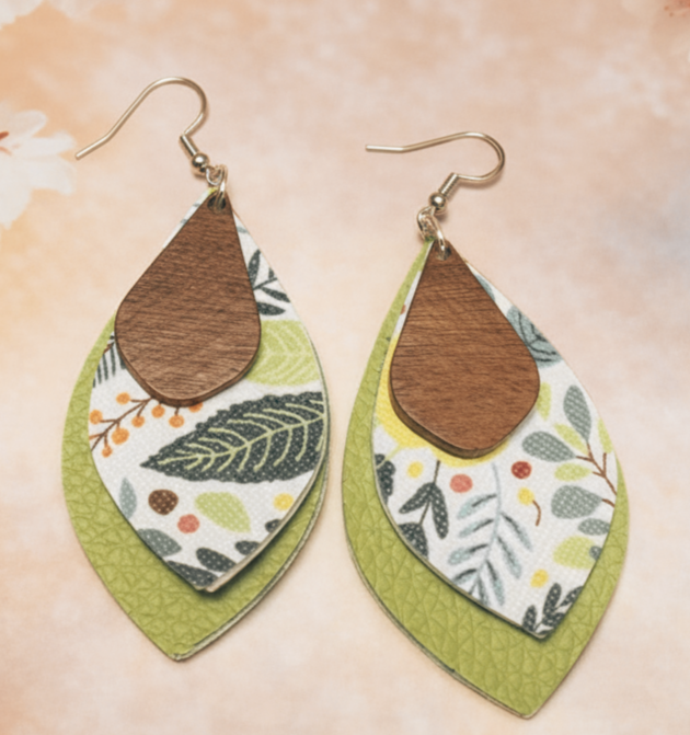 Tropical Pattern Faux Leather Dangle Earrings – Handmade Boho Beach Jewelry