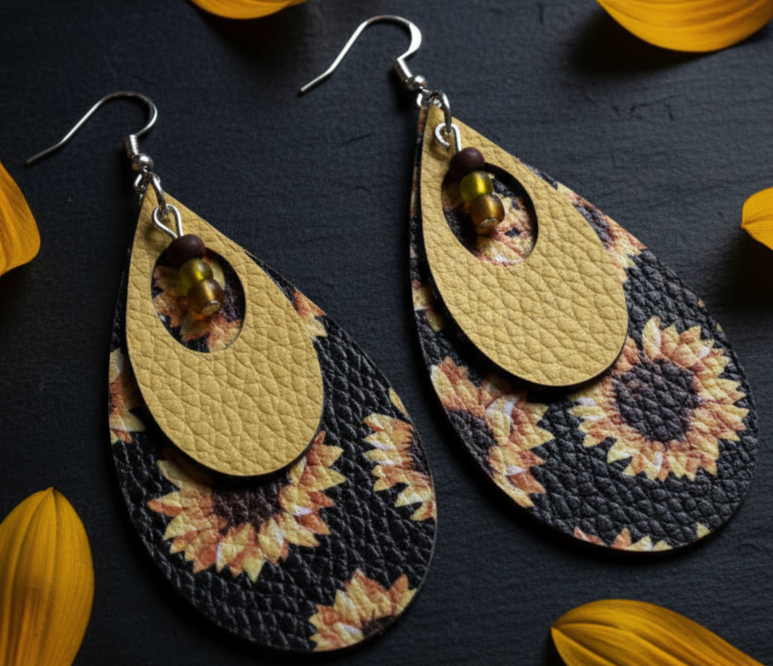 Handmade Lightweight Faux Leather Sunflower Earrings – Boho Floral Dangle Jewelry