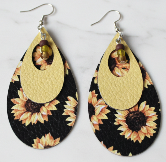 Handmade Lightweight Faux Leather Sunflower Earrings – Boho Floral Dangle Jewelry