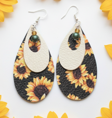 Sunflower Teardrop Earrings | Layered Faux Leather | Boho Floral Dangle