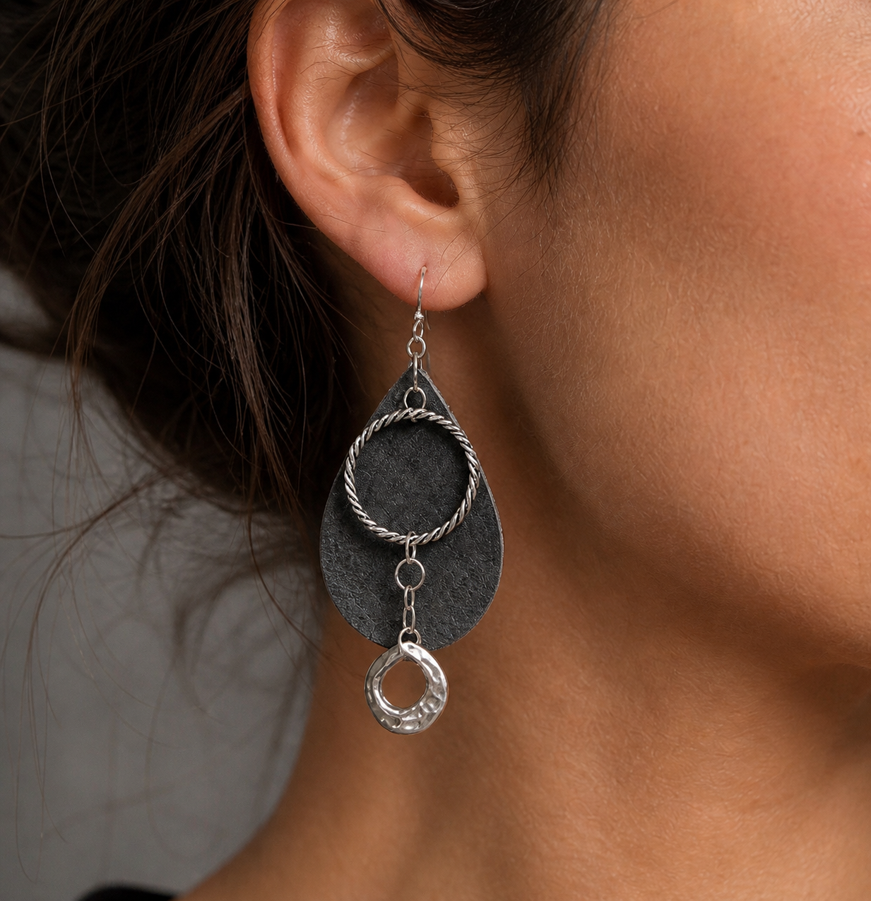 Grey Genuine Leather Teardrop Earrings with Silver Hoop | Modern Western Dangle Earrings