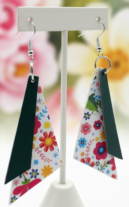 Floral & Dark Green Layered Faux Leather Dangle Earrings