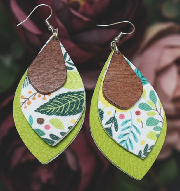 Tropical Pattern Faux Leather Dangle Earrings – Handmade Boho Beach Jewelry