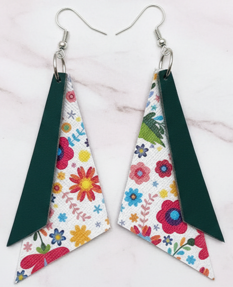 Floral & Dark Green Layered Faux Leather Dangle Earrings