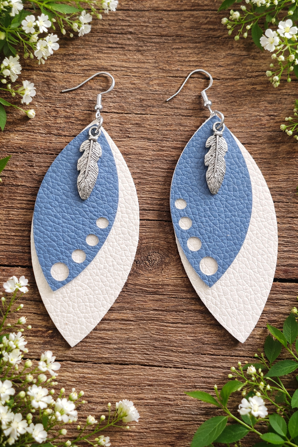 Feather Charm Dangle Earrings | Faux Leather | Blue & White