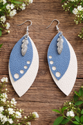 Feather Charm Dangle Earrings | Faux Leather | Blue & White