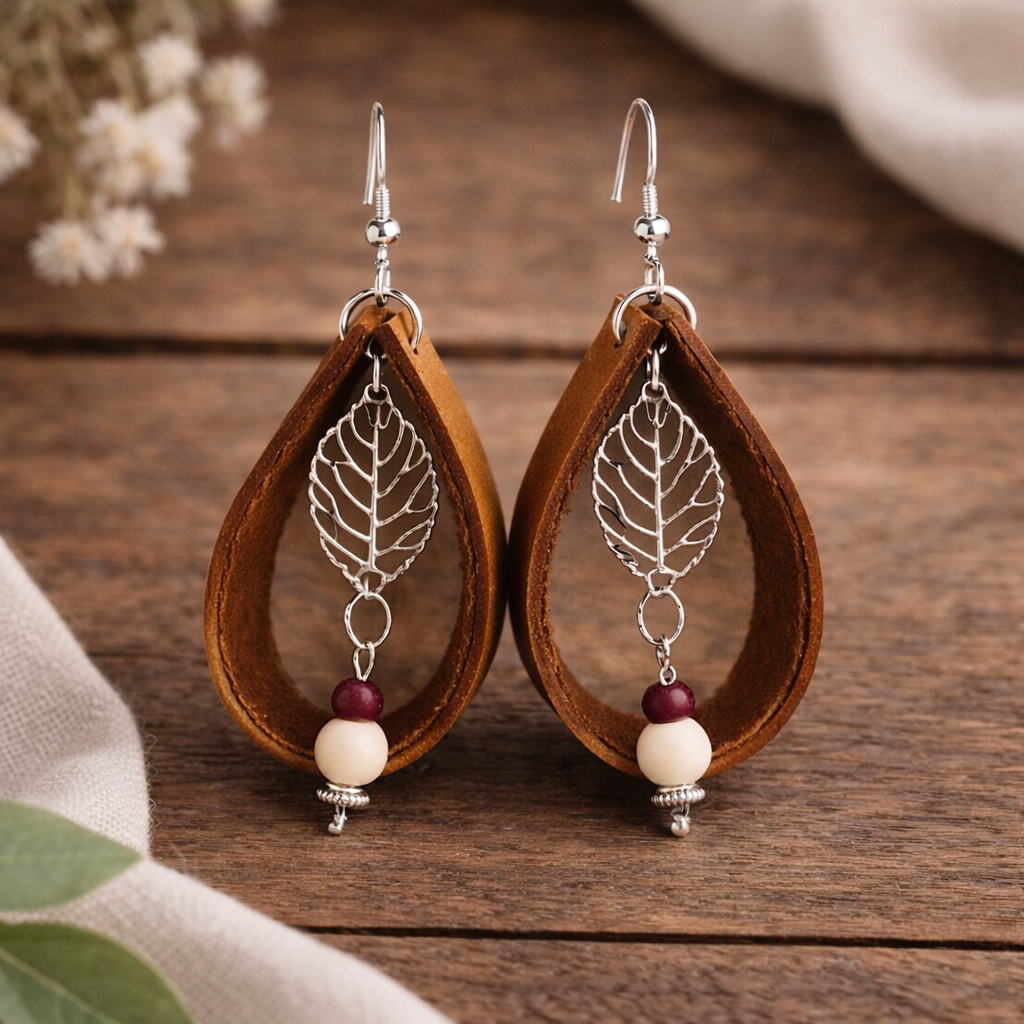 Genuine Leather Leaf Charm Earrings