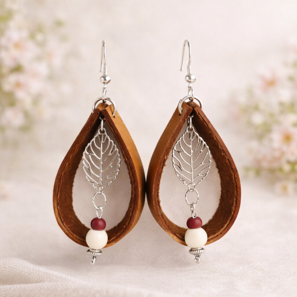 Genuine Leather Leaf Charm Earrings