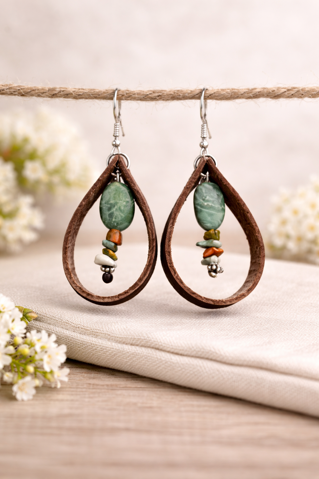 Unakite Stone & Genuine Leather Drop Earrings