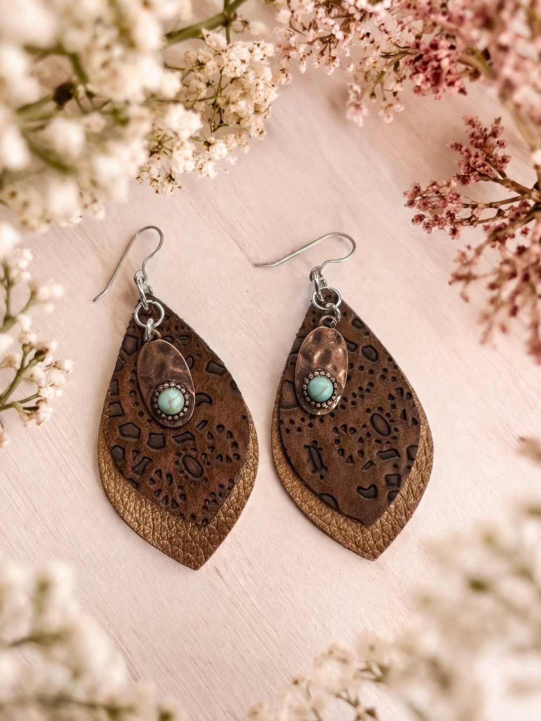 Earth & Stone Teardrop Earrings | Brown Faux Leather, Turquoise-Tone Bead & Copper-Tone Charm