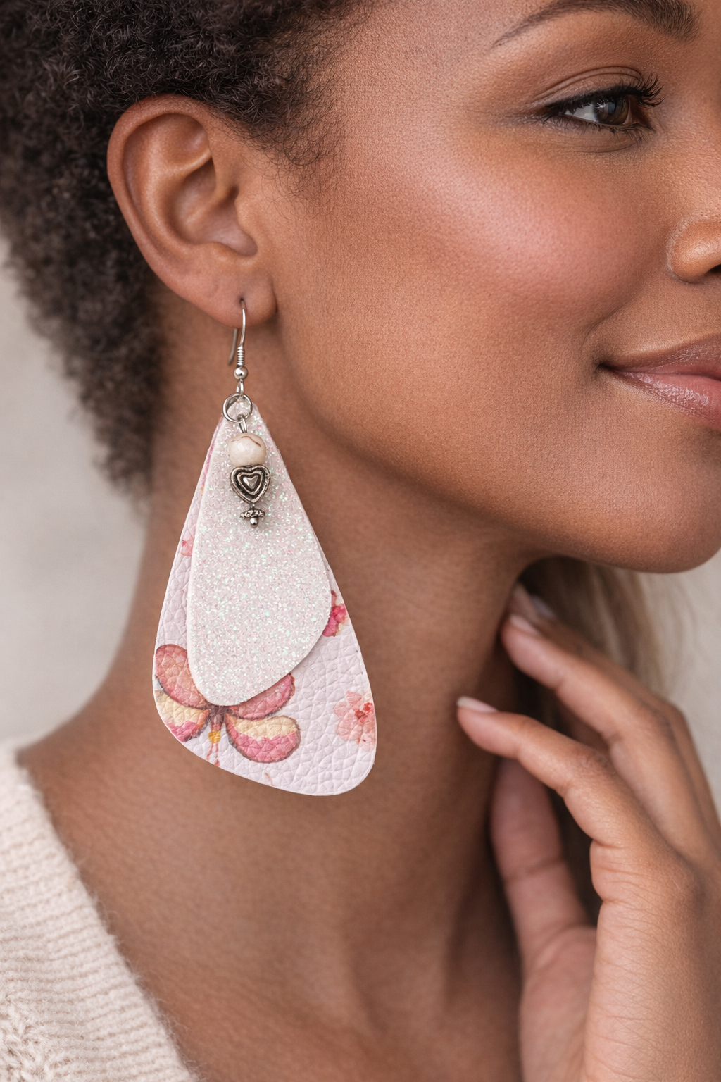 Blush Floral Butterfly Faux Leather Earrings with Glitter Layer & Heart Charm | Lightweight Teardrop Dangles