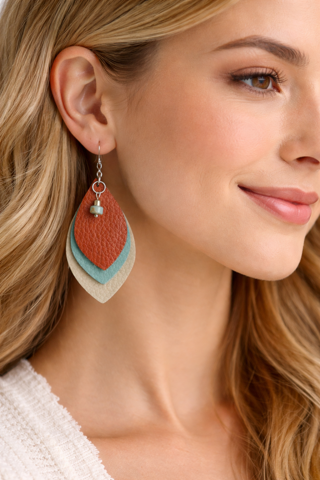 Layered Faux Leather Earrings | Burnt Orange, Turquoise-Tone & Neutral Boho Dangles