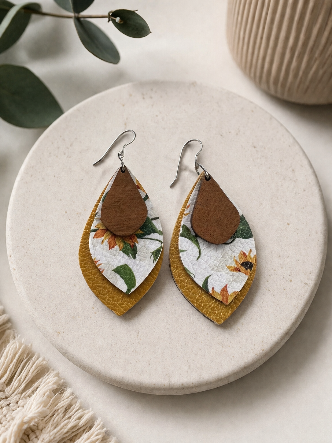 Sunflower Print Faux Leather Earrings | Layered Teardrop Statement Jewelry