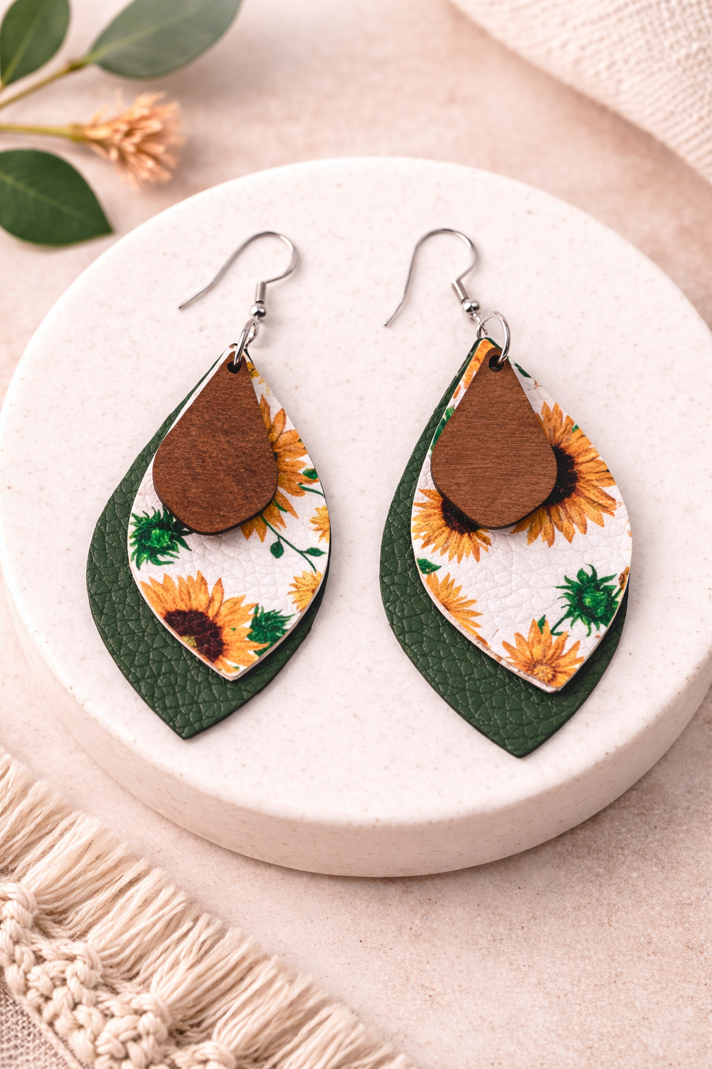 Sunflower Faux Leather Teardrop Earrings with Green Layer & Wood Accent | Black & White Vinyl Backing