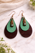 Rustic & Layered Genuine Leather Earrings with Copper Tone Charm | Boho Teardrop Dangle Earrings