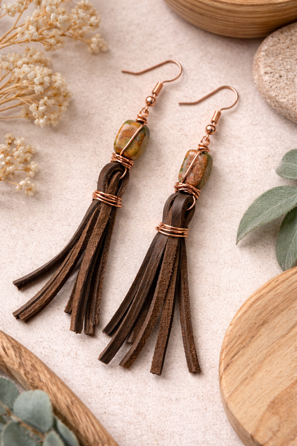 Unakite Jasper Style Genuine Leather Earrings – Lightweight Earth Tone Statement Jewelry
