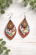 Layered Faux Leather Copper Tone Floral Dangle Earrings | Lightweight Boho Teardrop Earrings