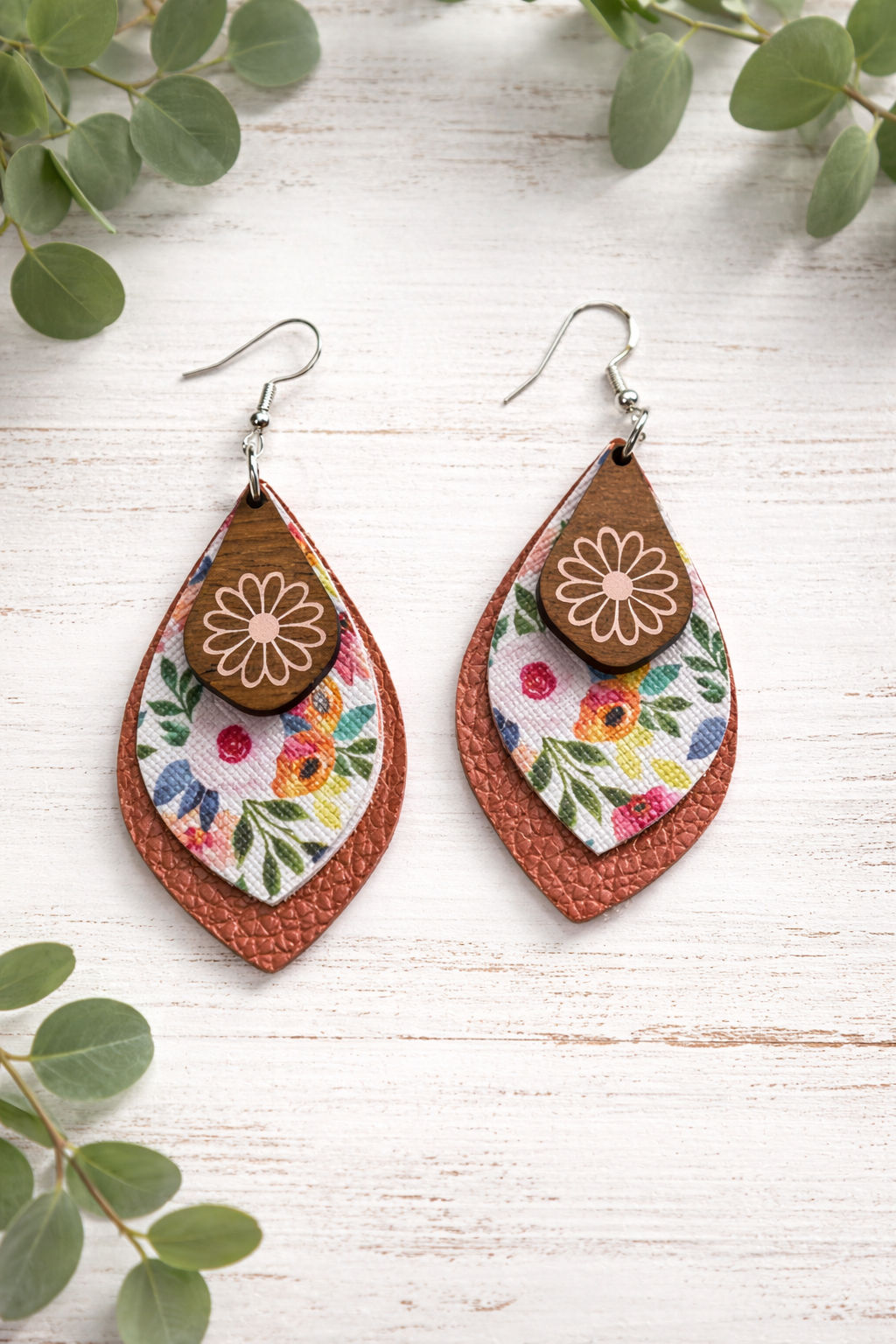 Layered Faux Leather Copper Tone Floral Dangle Earrings | Lightweight Boho Teardrop Earrings