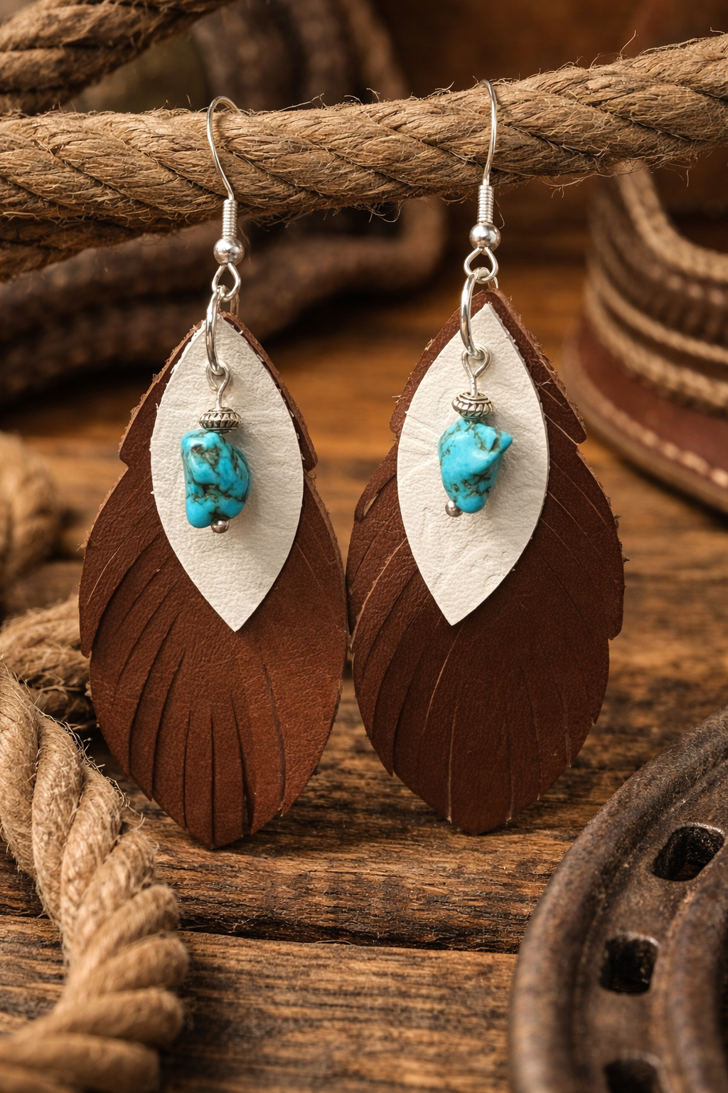 Western Feather Leather Earrings with Turquoise Accent | Boho Rustic Dangle Earrings