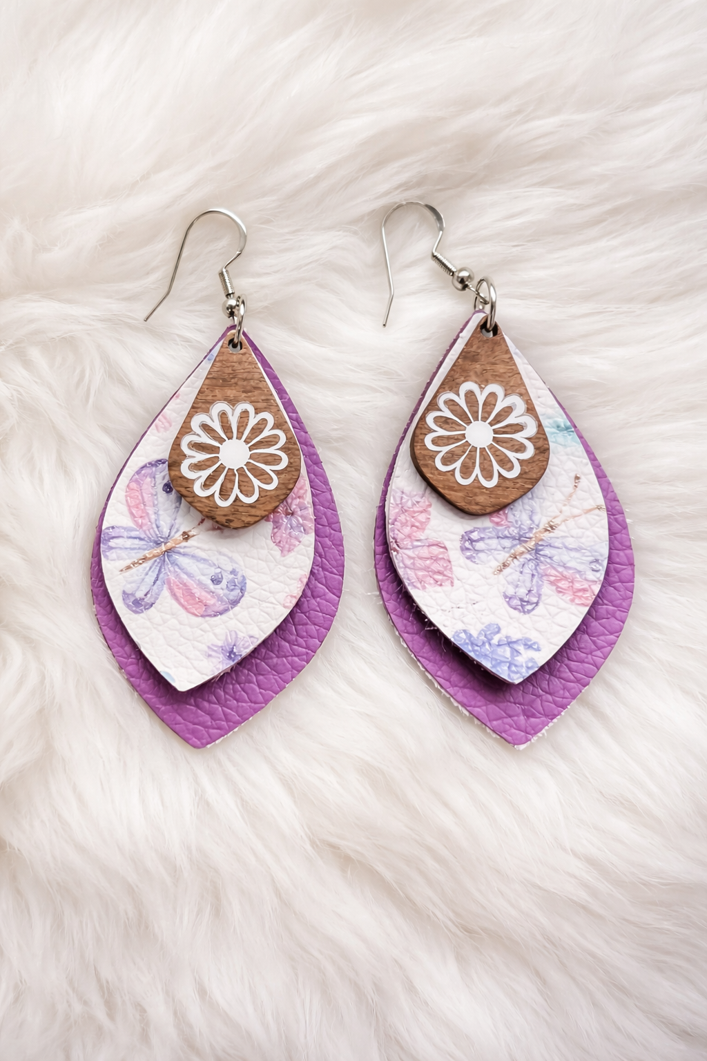 Butterfly Layered Faux Leather Earrings | Purple Floral Lightweight Dangles