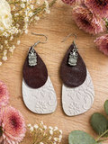Genuine Leather Teardrop Earrings with Embossed White Detail & Chocolate Brown Layer – Owl Charm Dangle Earrings