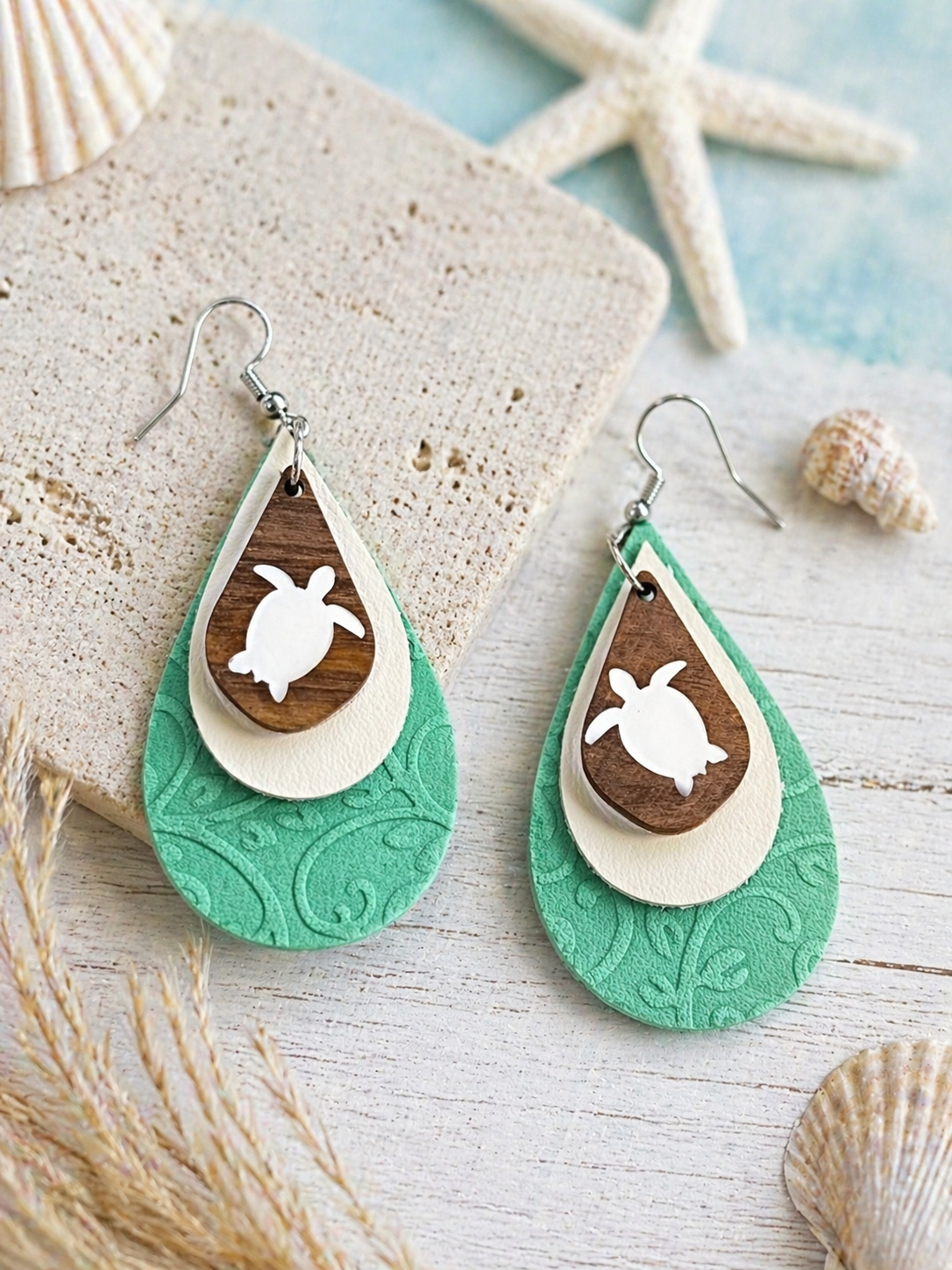 Genuine Leather Teardrop Earrings with Vinyl Sea Turtle – Coastal Layered Dangle Earrings