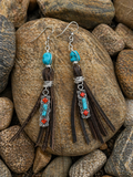 Genuine Leather Fringe Earrings with Turquoise-Like Stone | Western Boho Dangle Earrings