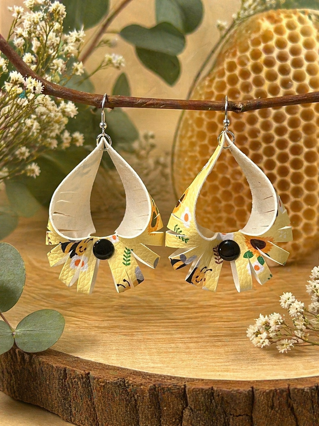 Faux Leather Sunflower Bee Earrings | Lightweight Handmade Dangle | Boho Floral Honeycomb Jewelry