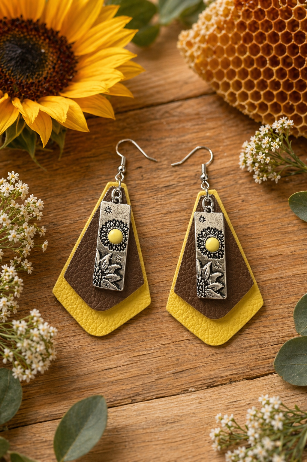 Sunflower Layered Faux Leather Earrings | Yellow & Brown Boho Dangles with Metal Floral Accent