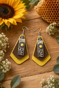 Sunflower Layered Faux Leather Earrings | Yellow & Brown Boho Dangles with Metal Floral Accent
