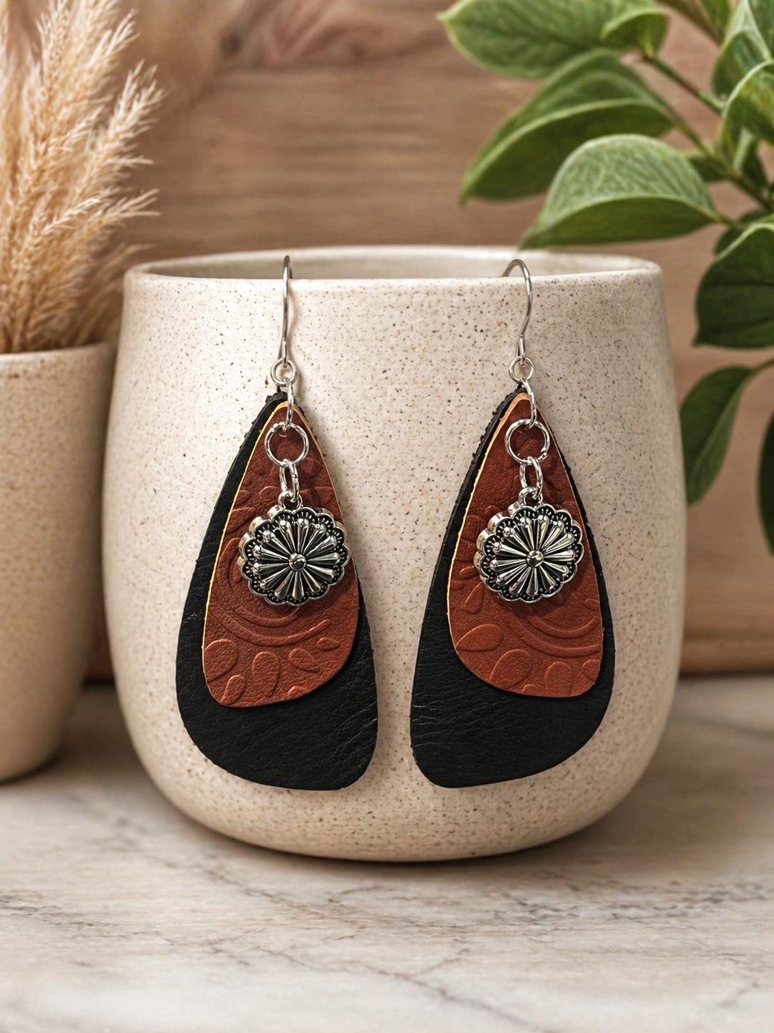 Layered Leather Teardrop Earrings with Silver-Tone Concho Charm | Western Boho Dangle Earrings