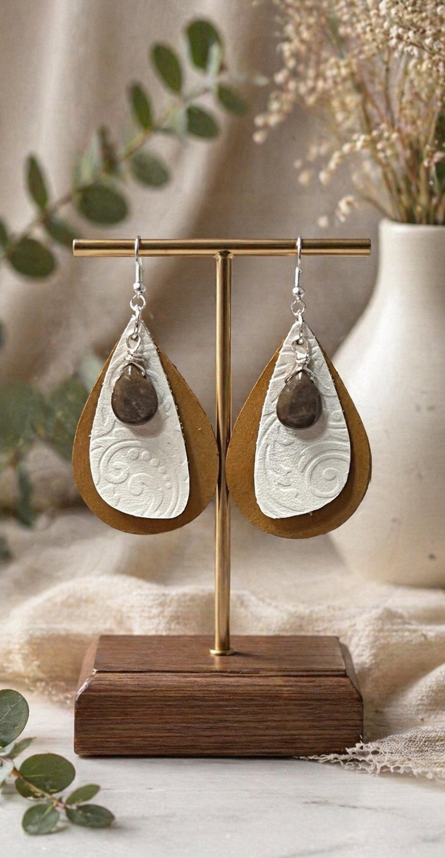 Layered Genuine Leather Teardrop Earrings with Natural Stone Charm | Boho Neutral Dangle Earrings