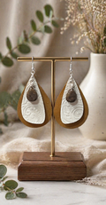 Layered Genuine Leather Teardrop Earrings with Natural Stone Charm | Boho Neutral Dangle Earrings