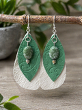 Layered Genuine Leather Earrings with Green Stone Accent | Lightweight Boho Dangle Earrings