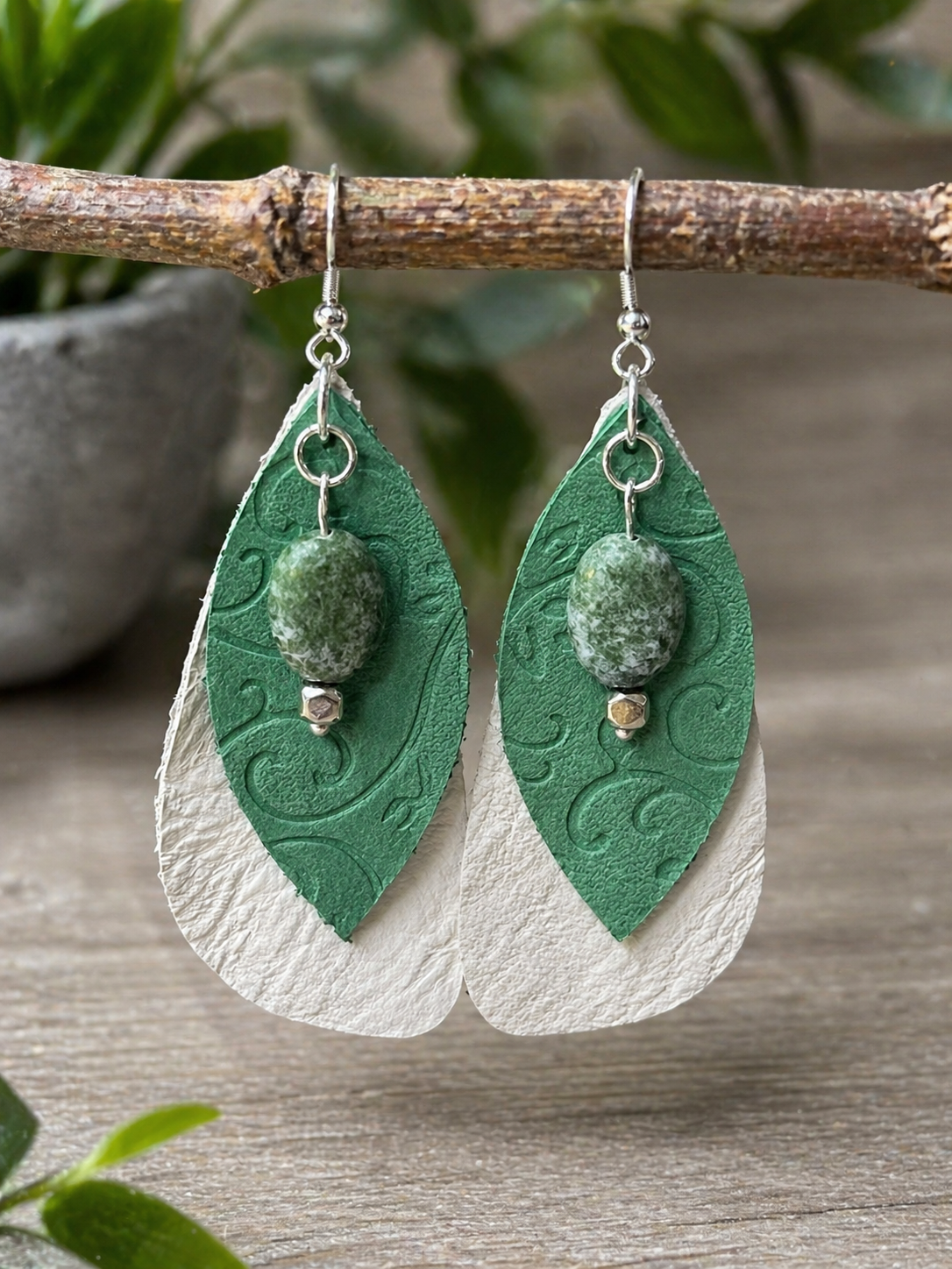 Layered Genuine Leather Earrings with Green Stone Accent | Lightweight Boho Dangle Earrings
