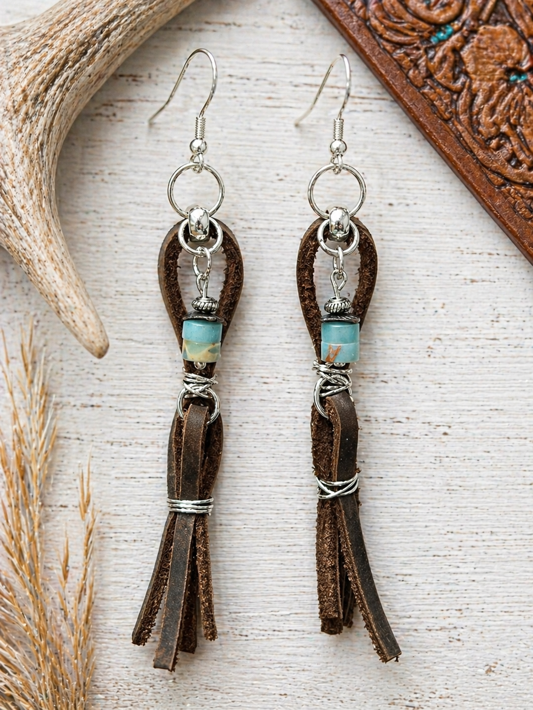 Genuine Leather Fringe Earrings with Turquoise-Like Bead | Western Boho Dangle Earrings