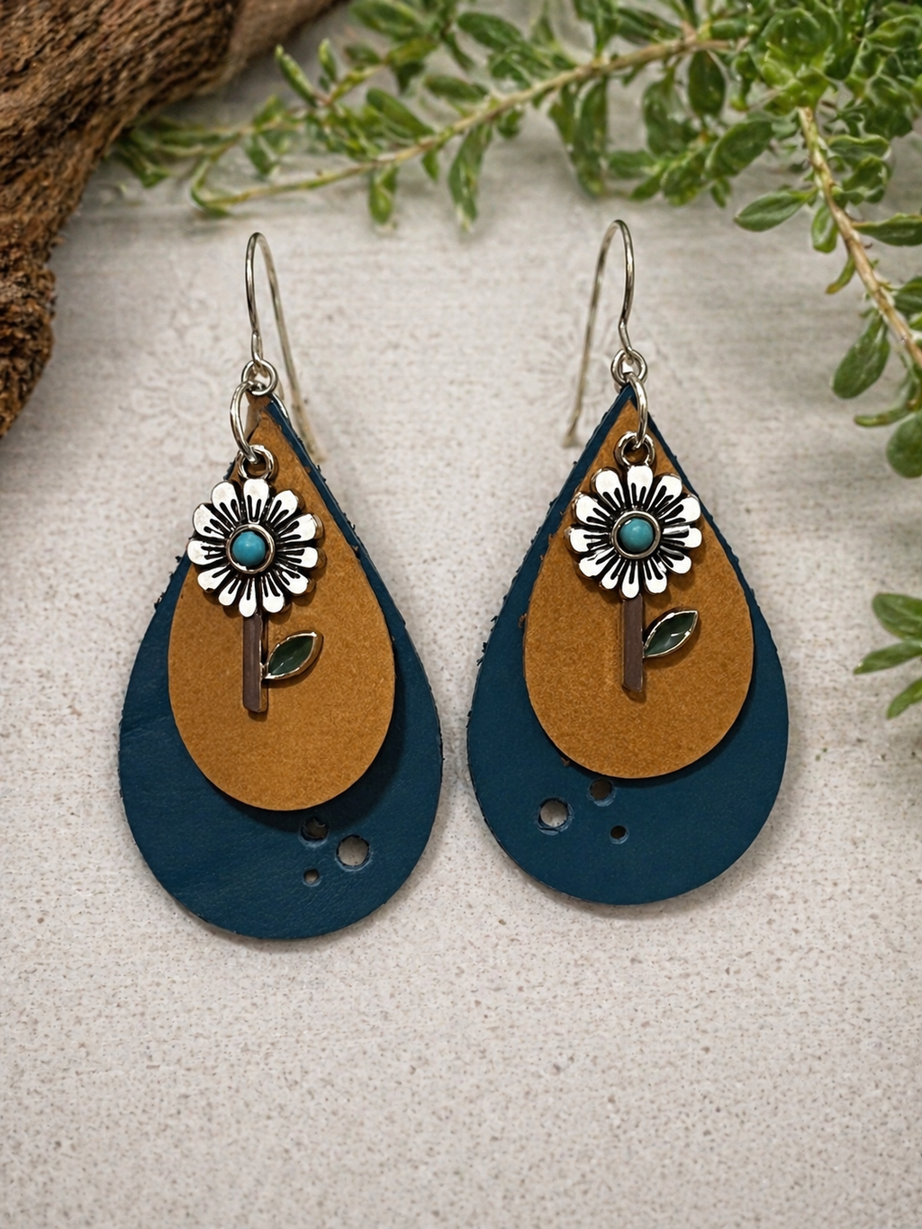 Sunflower Teardrop Genuine Leather Earrings | Western Boho Dangle Earrings | Lightweight Floral Jewelry