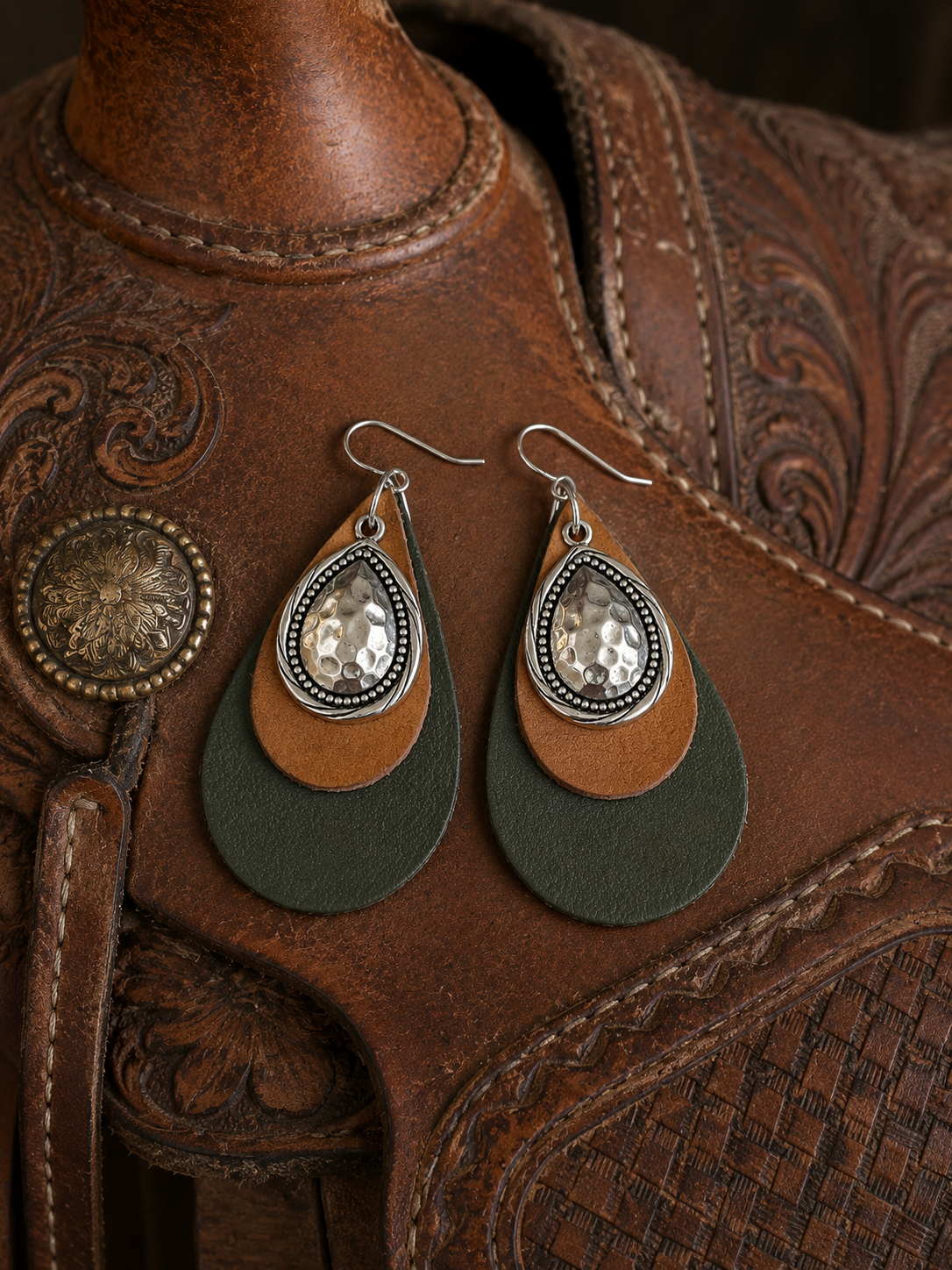 Western Olive & Tan Layered Leather Teardrop Earrings with Hammered Silver Accent