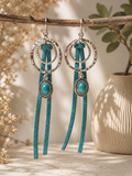 Turquoise-Tone Western Leather Fringe Earrings | Boho Silver Hoop Dangle Earrings