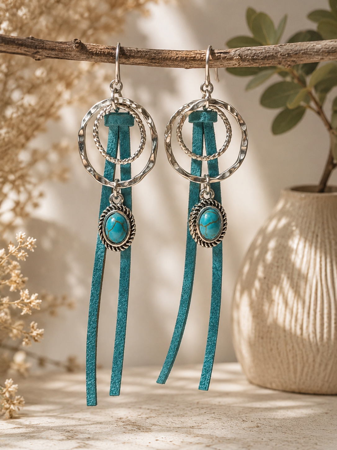 Turquoise-Tone Western Leather Fringe Earrings | Boho Silver Hoop Dangle Earrings
