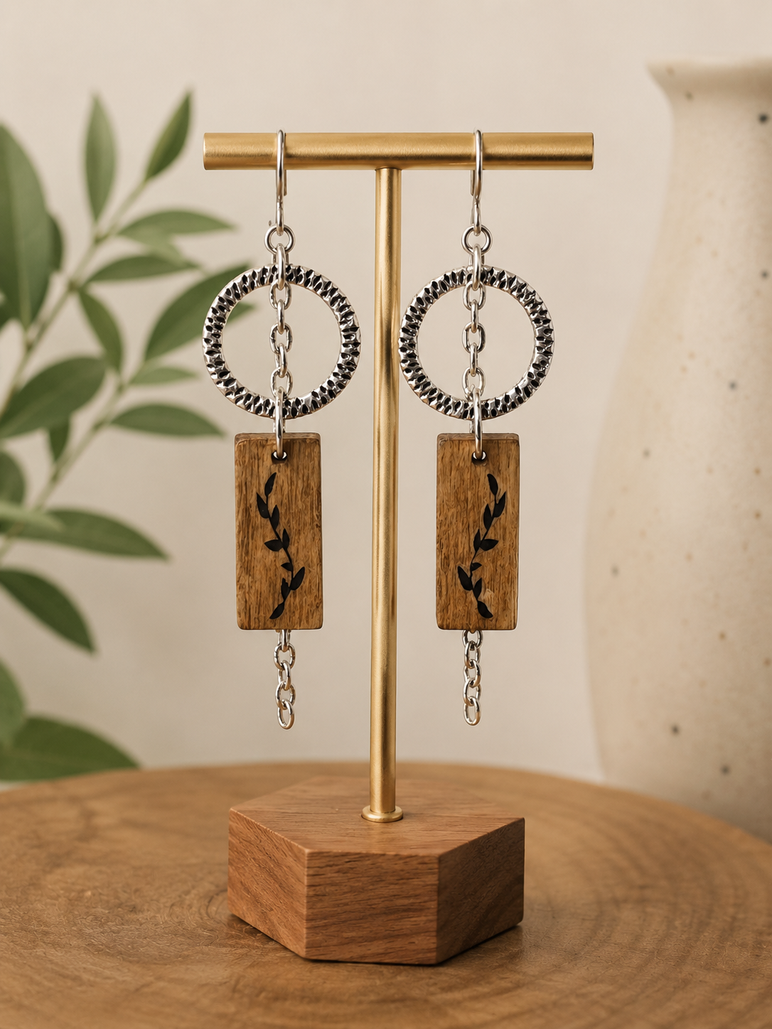 Hammered Silver & Wood Vine Dangle Earrings | Rustic Boho Statement Earrings
