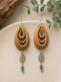 Boho Leaf Genuine Leather Earrings with Turquoise Like Bead | Lightweight Western Dangle Earrings