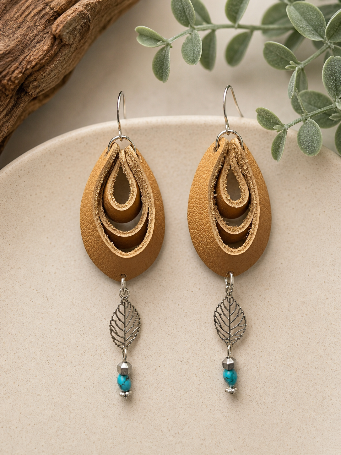 Boho Leaf Genuine Leather Earrings with Turquoise Like Bead | Lightweight Western Dangle Earrings